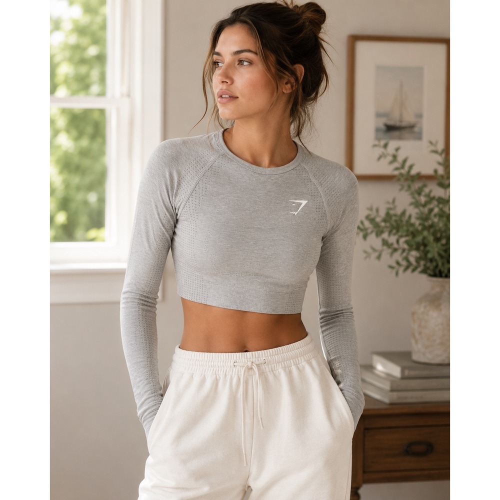 Gymshark Vital Seamless Long Sleeve Crop Top Light Grey Marl Thumbholes XS